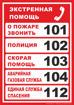 Телефоны экстренной помощи, при пожаре - 101, полиция - 102, скорая помощь - 103, аварийная газовая служба - 104, единая служба спасения - 112